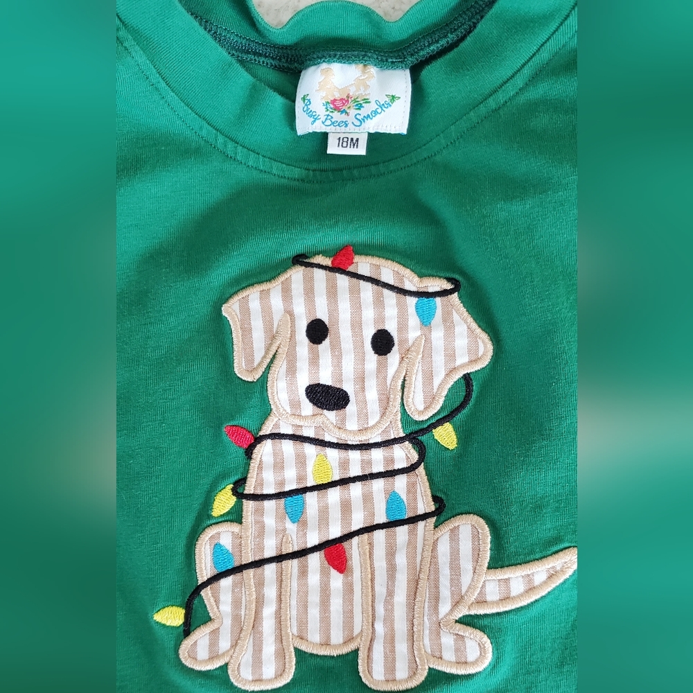 Busy Bee Smocks Christmas Lights Dog Applique 18 months